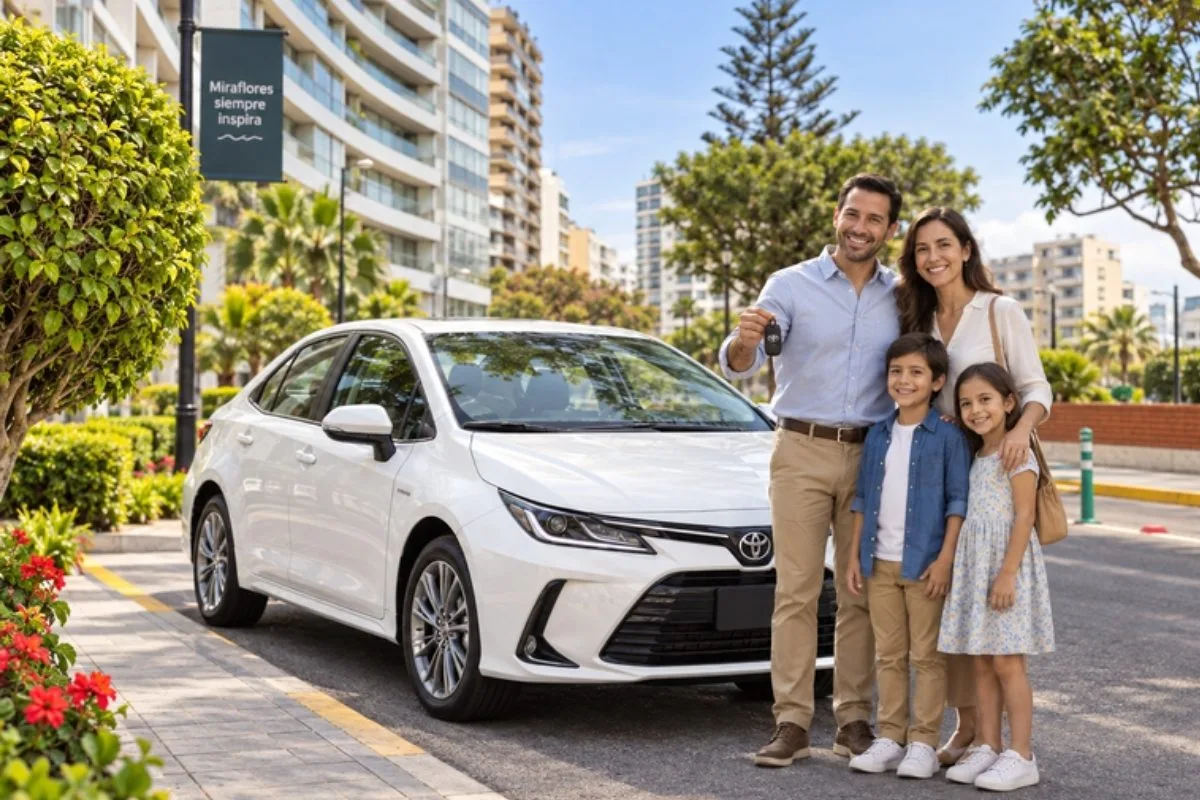 Familia junto a un Toyota Corolla frente al mar