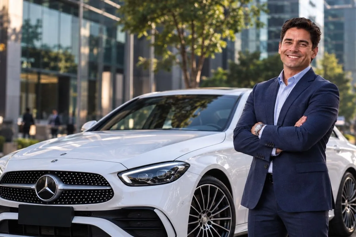 Ejecutivo sonriendo junto a un Mercedes-Benz blanco frente a edificios de oficinas