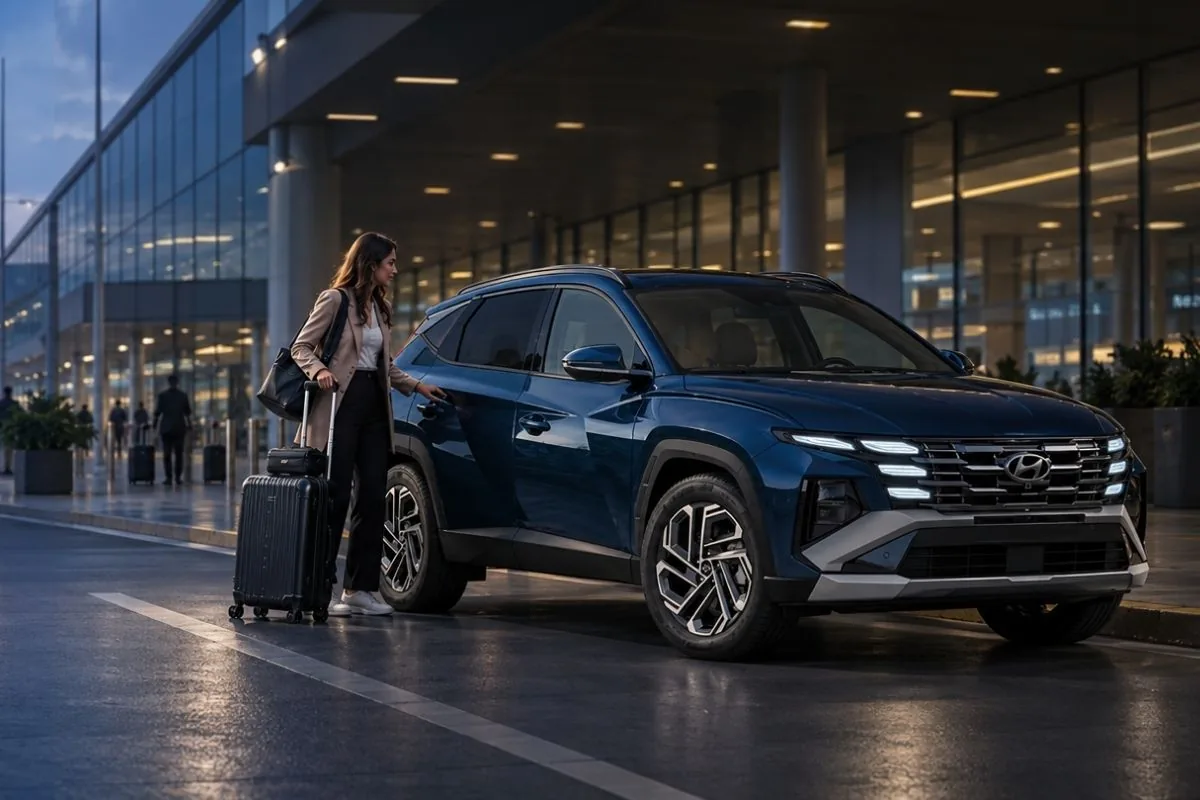 Pasajera con maleta junto a un Hyundai Tucson azul frente a la terminal del aeropuerto