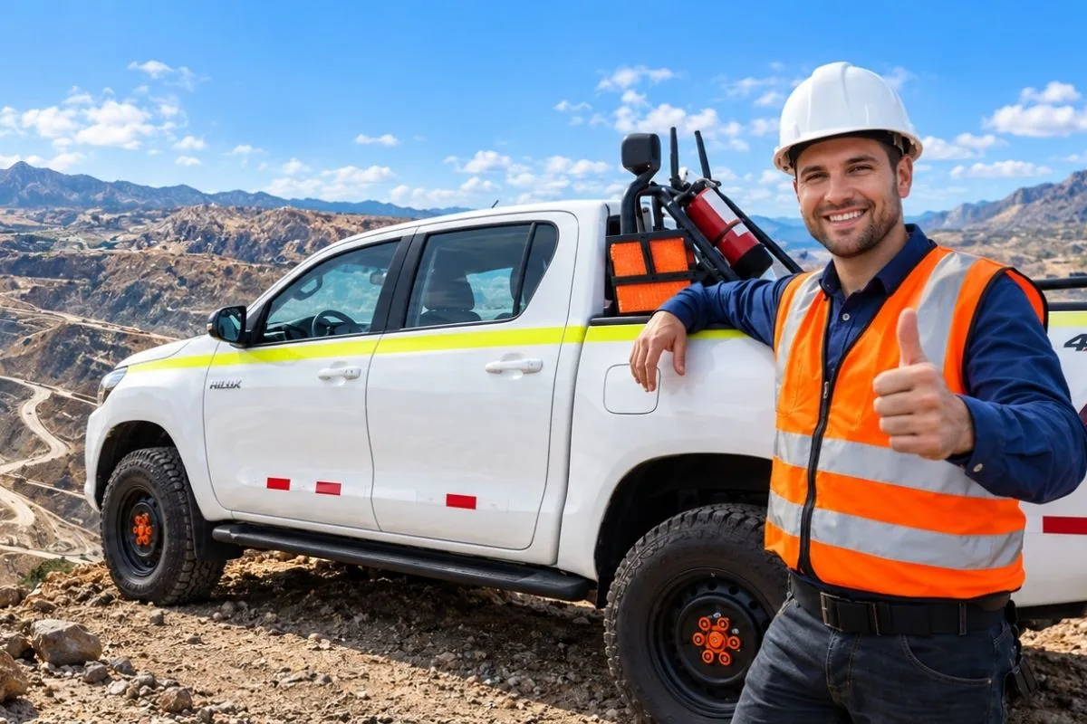 Pickup Toyota Hilux en una mina con un técnico de Quasar haciendo el gesto de aprobación
