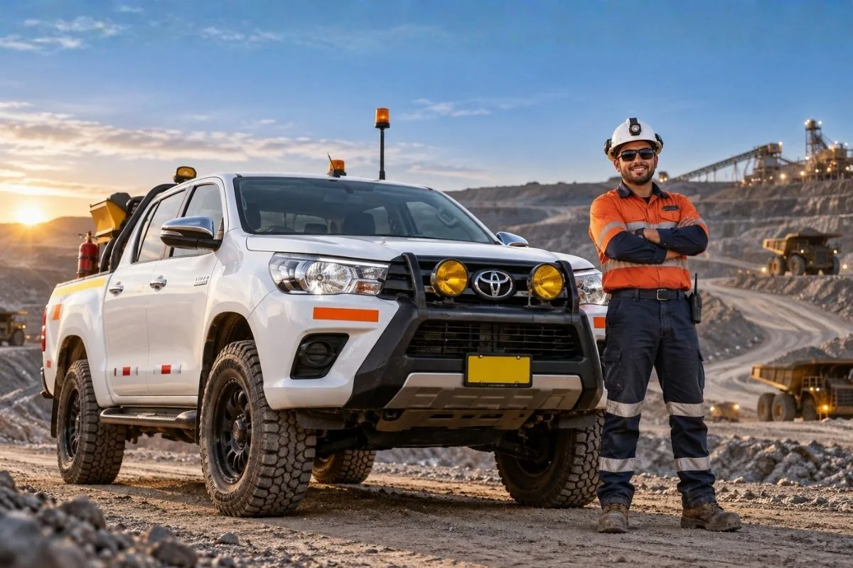 Pickup Toyota Hilux y un técnico de Quasar en una mina al atardecer