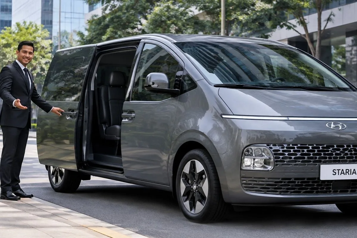 Chofer de traje abriendo la puerta de una van Hyundai Staria